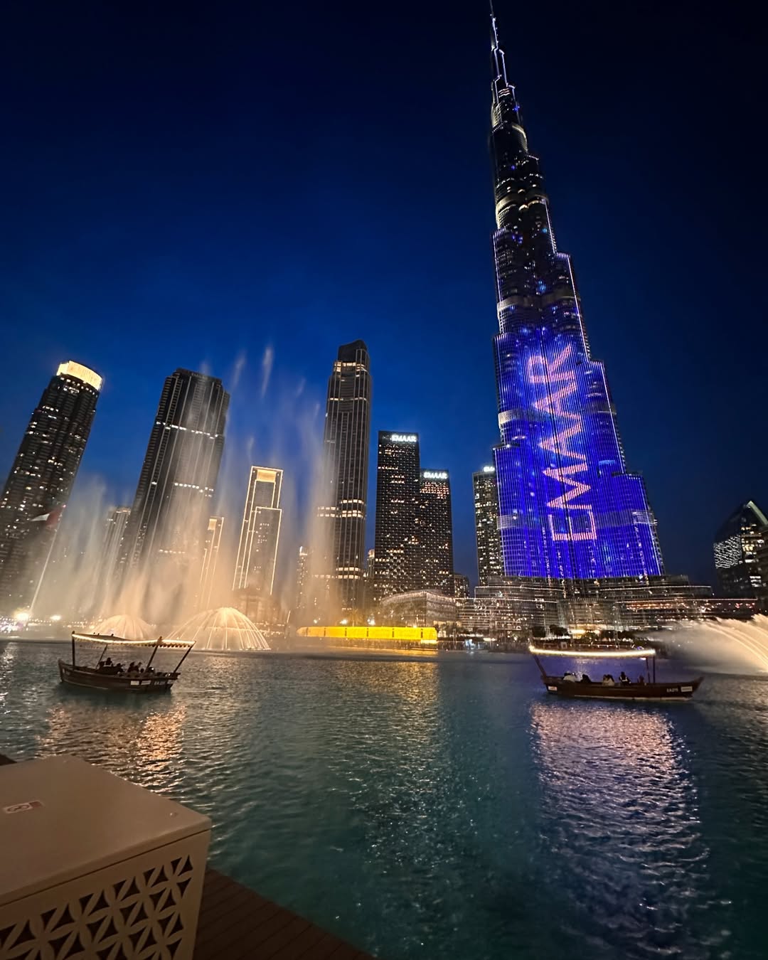 Burj Khalifa at night with water fountains